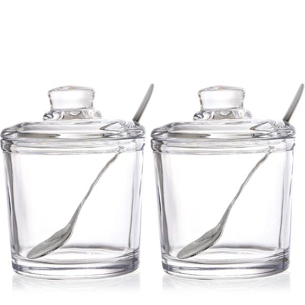 Frcctre Set of 2 Glass Sugar Bowl, 6 Ounces Clear Sugar Jar with Spoon and Lid, Salt Spice Pepper Bowl Seasoning Jar Condiment Pots Dispenser Container for Home Kitchen Coffee Bar