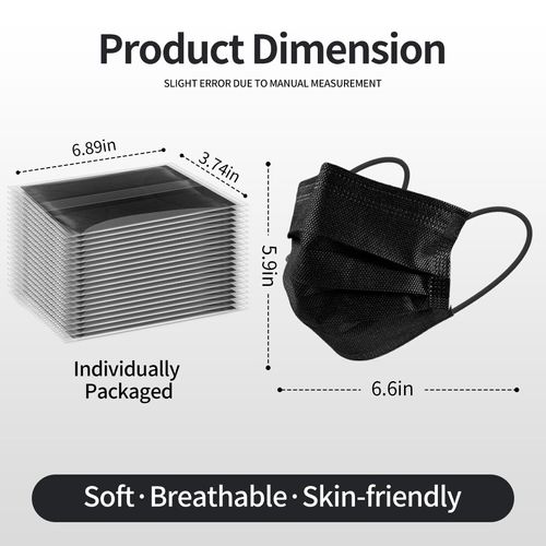 GTT 50PCS ASTM Level 3 Highly Protective 3 Layer Face Mask with Ear Loops - Individual Packaging, Black