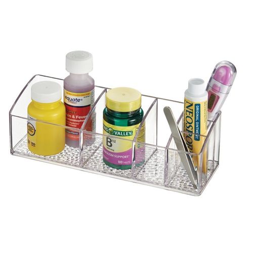 iDesign 42730ES Med+ Medicine Box, Plastic Bathroom Storage Container for Medical Supplies with Six Compartments, Clear, 9" x 3" x 2"