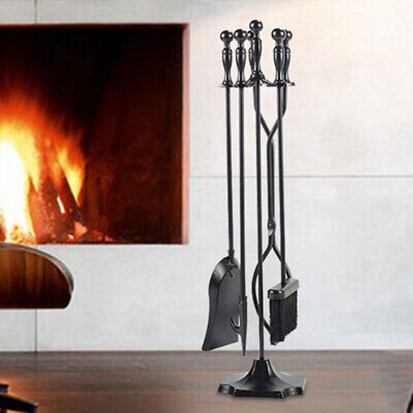 Iron Fireplace Tool Set Black 5 Pieces 31.9 Inches Tall Essential Accessories