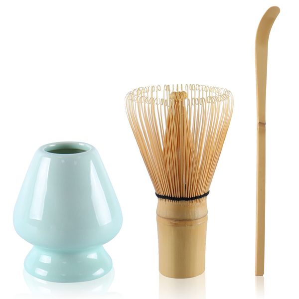 Matcha Tea Set Bamboo Matcha Whisk, Ceramic Whisk Holder, Tea Scoop, Japanese Matcha Tea Tool Kit Set of 3 Green