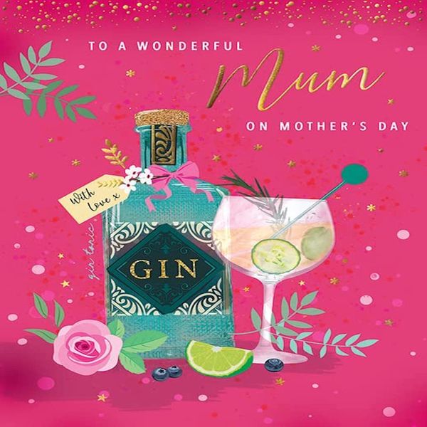 Piccadilly Greetings Mother's Day Card Wonderful Mum Gin Bottle Gin Glass - 8 x 6 inches