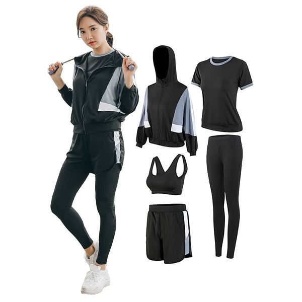 Dawn Rain Women's Sportswear, Yoga, Training, Running, 5-Piece Set, Stretchable, Sweat Absorbent, Quick Dry, Breathable, Jersey, Sports Bra, Long Tights, Hoodie, Short Sleeves, Short Pants, All-season