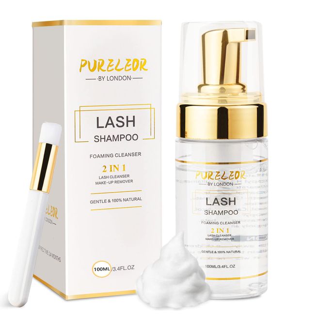 100ML Lash Shampoo for Eyelash Extensions and Daily Natural Eyelash Wash,Eye Makeup Remover,Oil Free Lash Foaming Cleanser with Soft Cleaning Brush,Salon and Home Use