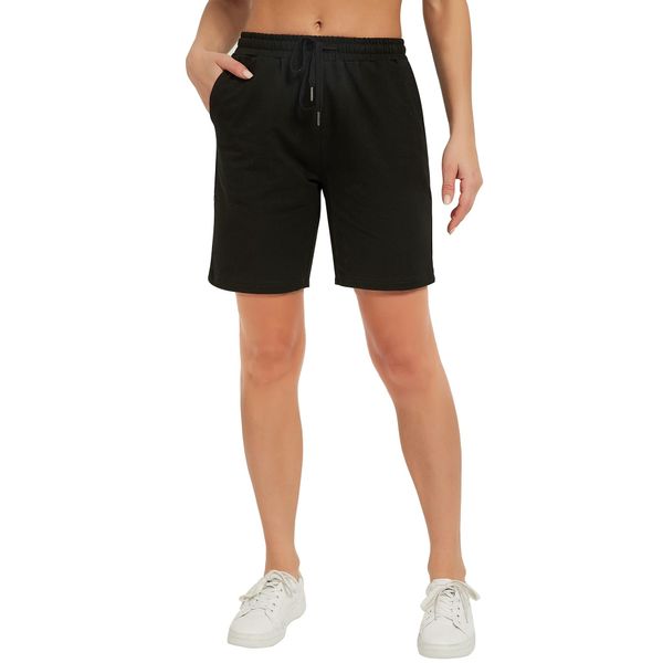 Stelle Womens Bermuda Knee Length Exercise Running Lounge Sweat Shorts with Deep Pockets (Medium, 7" Black)