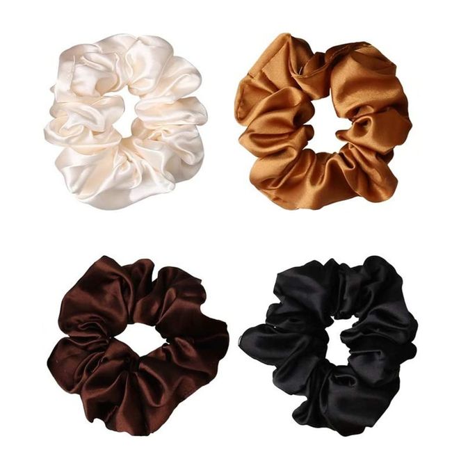 Clyhon (4 Stück) Haargummis Seide Scrunchies Satin für Damen, Haargummi Weich Elastisch Silk Groß für Damen Frauen Mädchen dunkelbraun hellbraun Creme farben schwarz 4Farben