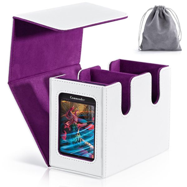 Infinity Guard Deck Box with Commander Display Window，Trading Card Storage Box holds 160+ Double-Sleeved Cards, Baseball Card Case Suitable for MTG,CCG,EDH (White&Purple)