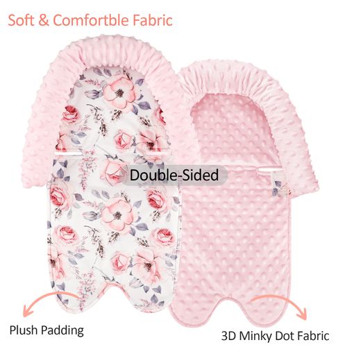 Baby Head Support and Strap Cover for Car Seat, Minky Infant Carseat Headrest for Girls, Newborn Car Seat Insert Cushion for Strollers, Pink Floral