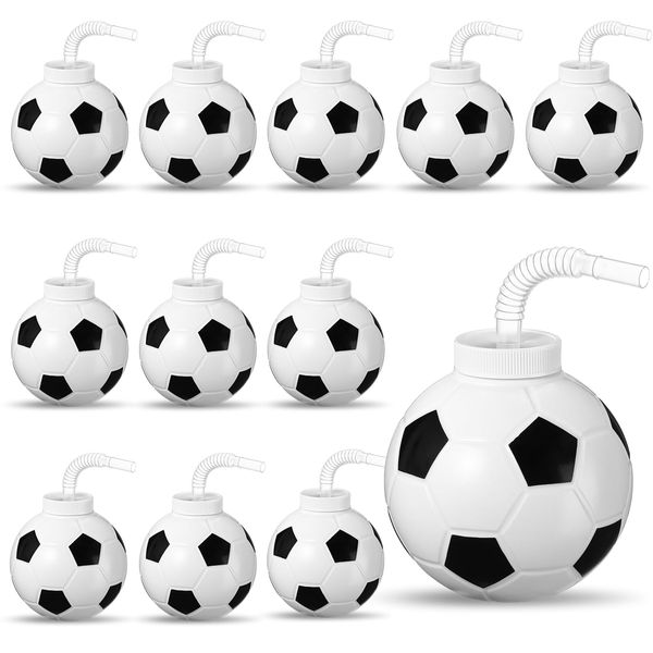 12 Pcs Sport Ball Cups with Straws and Lids, 17 oz Plastic Sport Cups Bulk for Kids Birthday Theme Party Sport Party Supplies (Soccer)