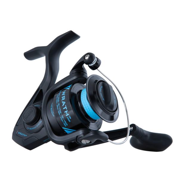 PENN Wrath Spinning Inshore Fishing Reel, Oil Felt Front Drag, Max of 10lb | 4.5kg, Made with a Lightweight, Corrosion-Resistant Graphite Body, Black, Blue, 2500