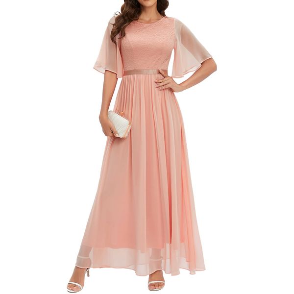 Bbonlinedress Abendkleider elegant für Hochzeit Spitzen Chiffon Ärmel Kleid festliches Brautjunferkleid Maxi Bridesmaid Dress Partykleid Abschlusskleid lang Ballkleid Blush M