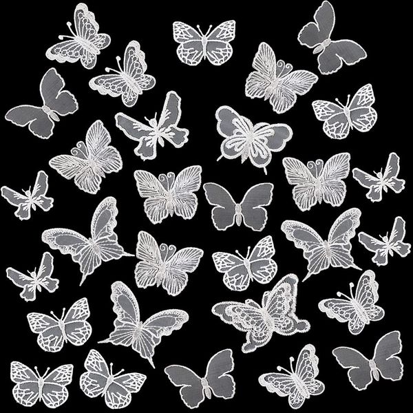 30 PCS Lace Butterfly Applique Embroidery Butterfly Sew Iron On Patch, Organza Patches Butterfly Applique for Wedding Bridal Dress Sewing Craft DIY Clothes Hair Ornaments (White)