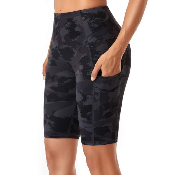 Oalka Women's Short Yoga Side Pockets High Waist Workout Running Shorts Camo Charcoal Splinter Medium