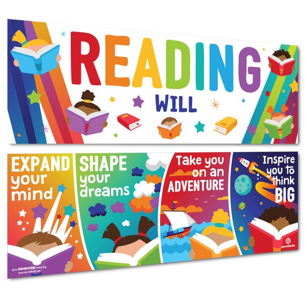Sproutbrite Classroom Decorations - Reading Banner and Poster for Teachers - Bulletin Board and Wall Decor for Pre School, Elementary and Middle School Themes