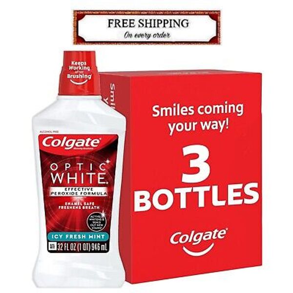 3-Pack Colgate Optic White Alcohol Free Whitening Mouthwash, Fresh Mint, 32 oz..