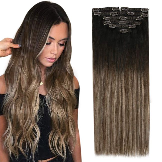 Sunny Clip in Hair Extensions Black to Brown Balayage Human Hair Clip in Extension Thick Remy Hair Extensions Clip in Natural Black Ombre Dark Brown Mix Ash Brown 16in 120g