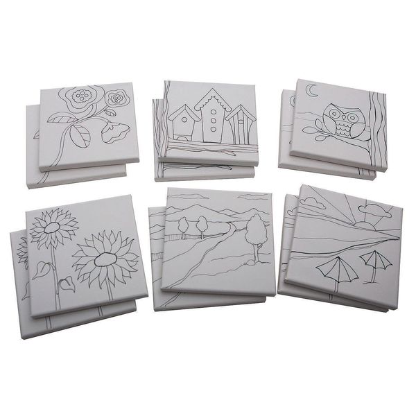 S & S Worldwide Paint-Your-Own Designer Canvas Set II, 2 each of 6 Pre-Printed Designs, Great For Kids & Adults, DIY Ready To Paint, 6-1/2" x 6-1/2" Stretched Canvas, Black and White, Pack of 12