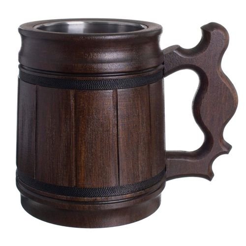 MyFancyCraft Gifts for Men Handmade Beer Mug Oak Wood Stainless Steel Cup Box Natural 0.3L 10oz Classic Brown