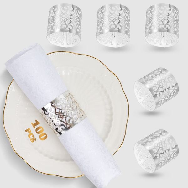 100 Pcs Premium Napkin Rings Laser Cut Foil Paper Napkin Holder for Wedding Party Dinner Table Decor,Special Events and Catering Services (Silver)