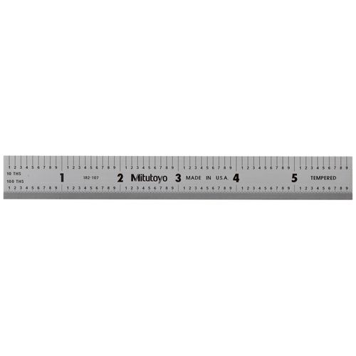 Mitutoyo 182-107, Steel Rule, 6"/150mm ( 1/10, 1/100", 1mm, 0.5mm), 3/64" Thick X 3/4" Wide, Satin Chrome Finish Tempered Stainless Steel