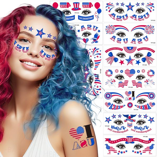 10Sheets 4th of July Face Temporary Tattoo Stickers Glow In The Dark Tattoos Eye Makeup Decals Independence Day Red Blue White USA Flag Star Neon Stickers for Women Girls Men Patriotic Party Supplies