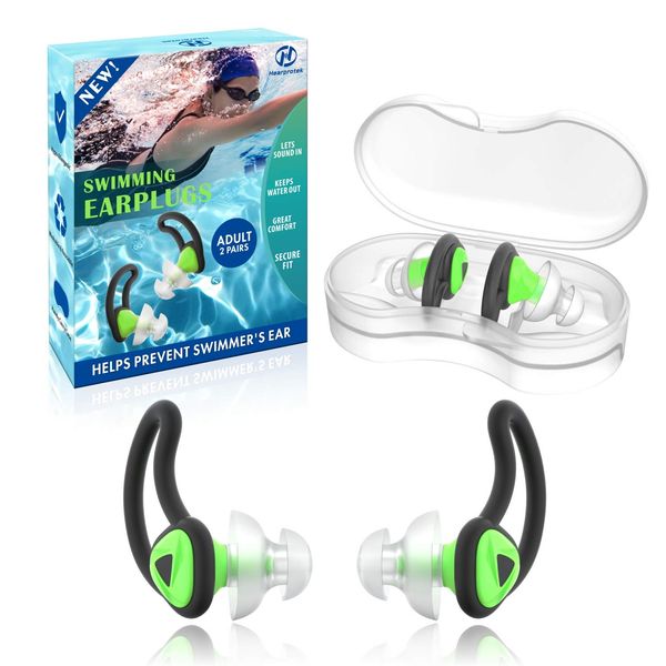 [2 Pairs] Ear Plugs for Swimming, Hearprotek Swim Ear Plugs Adults-Waterproof Silicone Water earplugs for Men Women Juniors Swimmers Pool Shower Bathing (Green)