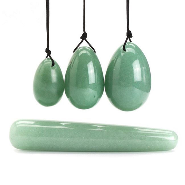 AITELEI 4Pcs Set Jade Yoni Eggs Stick,3 Pcs Drilled Natural Green Aventurine Quartz Crystal Jade Eggs Massage Stone + 1 Pcs Massage Stick for Women Kegel Exercise Strengthen Pelvic Floor Muscles