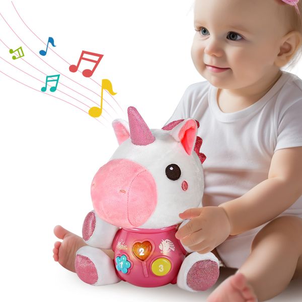 iPlay, iLearn Baby Unicorn Musical Toys, Newborn Girls Gift, Soft Plush Stuffed Animal, Infant Light Music Time, 1st Birthday Stocking Basket Stuffer 0 1 2 3 6 9 12 18 Month Age 1-3 Toddlers Boys