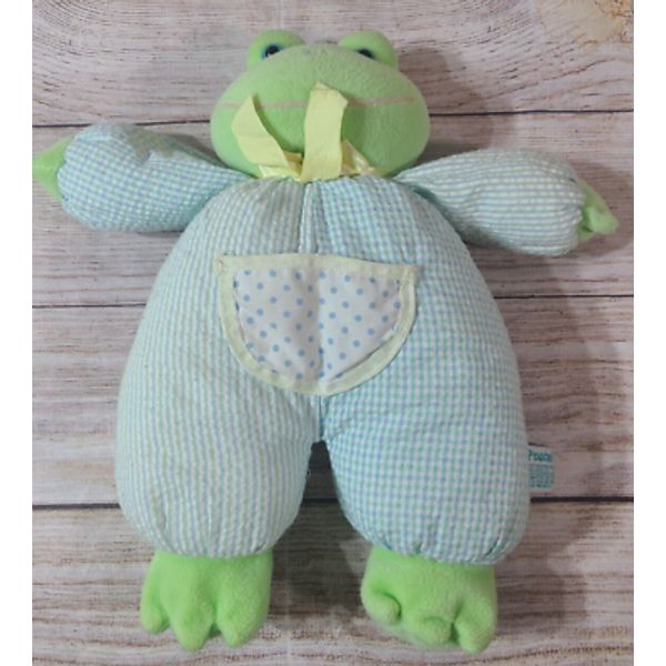 Russ Plush Pouches Frog Stuffed Animal Rattle Toy Blue Green Seersucker 12"