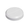 Round tablet divider with storage compartment and stainless steel blade.