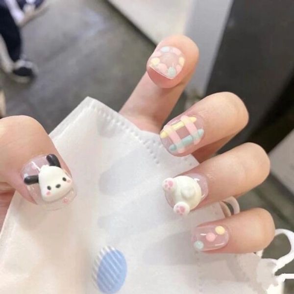 T.youyou Nail Tips Handmade Sanrio Pochacco (SANRIO) Pochacco Hand Painted Removable Short Nails Cute Popular 3D Nails Girly False Nails 10 Pieces