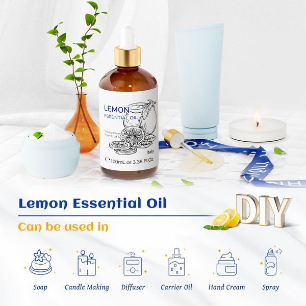 HIQILI Lemon Essential Oil Cleansing Diffuser Skin Can Be Added to Sprays Cream Contains Travel Bottle - 3.38 fl oz