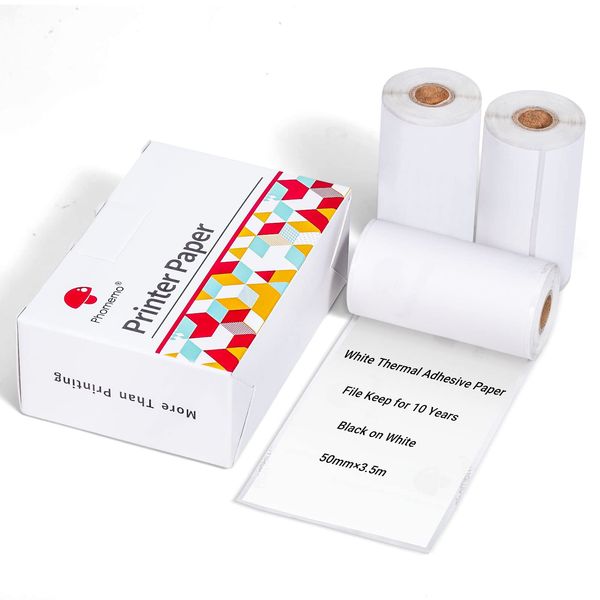 T02 Thermal Mini Sticker Printer Paper, White Self-Adhesive Paper, Black On White Paper for Journal, Photo, To Do List, 50mm x 3.5m, 3 Rolls, Keep for 10 Years (Only Compatible With T02 Printers)