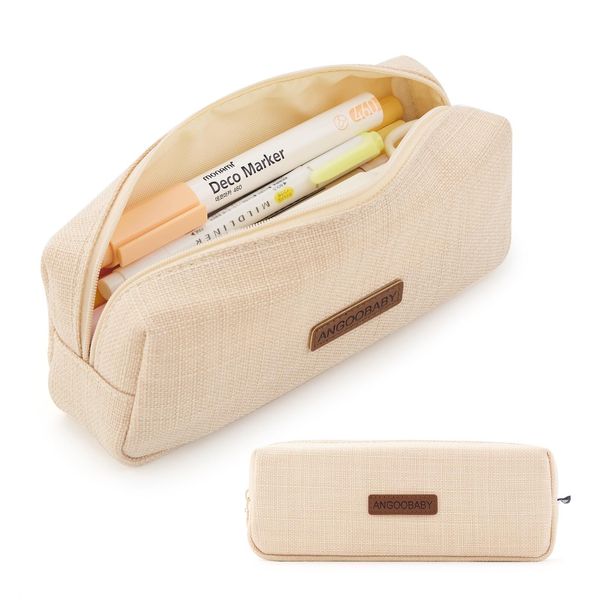 ANGOOBABY Small Pencil Case Student Pencil Pouch Coin Pouch Cosmetic Bag Office Stationery Organizer For Teen School-Beige