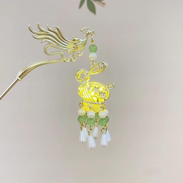 Rabbit Palace Lantern Light Pendants Hairpin Hair Stick, Chinese Coiled Hair Antique Hair Pin Hanfu Hair Accessories (Green)