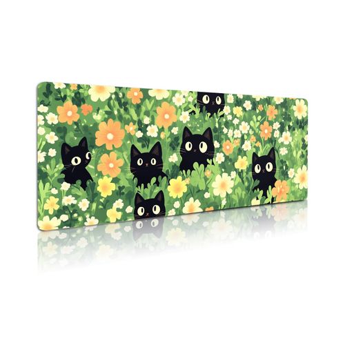 Extended Gaming Mouse Pad, Large Mouse Mat 3 mm Nature Rubber Base Mousepad with Stitched Edges, Non-Slip Desk Mat for Office Home Great Gift 31.5x11.8 Inch (Green Cats)