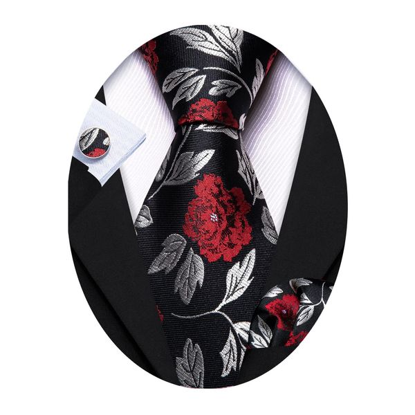 Barry.Wang Men's Classic Floral Necktie Set,Black Red,One Size