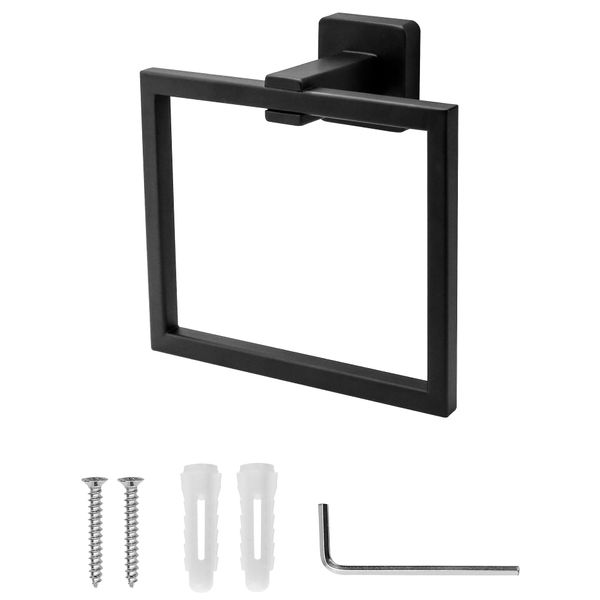 QWORK® Black Towel Ring Towel Holder, Wall Mounted Bathroom Shower Hand Towel Holder Hanger, Modern Square Style