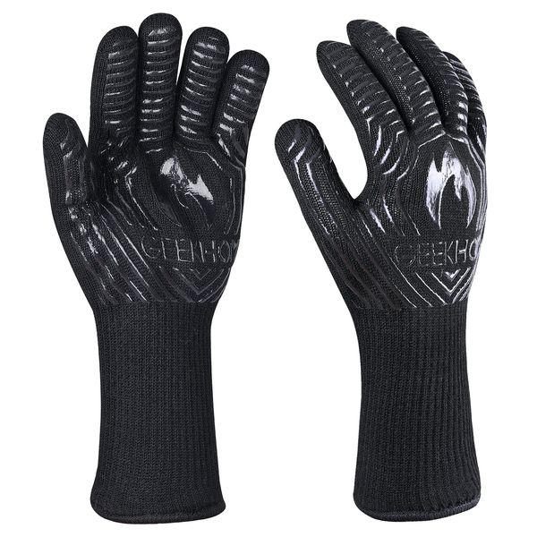 GEEKHOM BBQ Gloves, 800 ℃ / 1472 ℉ Heat Resistant Gloves EN407Certified 14 Inch Kitchen Gloves Professional Weber Fireplace Barbecue Accessories for Cooking Grilling,Baking (Black)