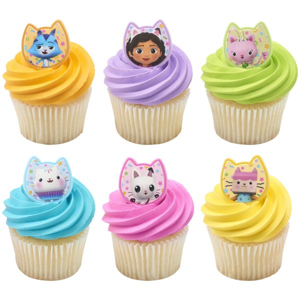 DecoPac DreamWorks Gabby's Dollhouse Rings, 24 Cupcake Decorations Featuring Gabby, Pandy Paws, Irresistible Kitty Characters, and Super Fun Adventures! - 24 Pack