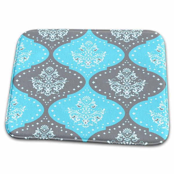 Dish Drying Mat - Grey Aqua Blue White Henna Damask Damask Patterns