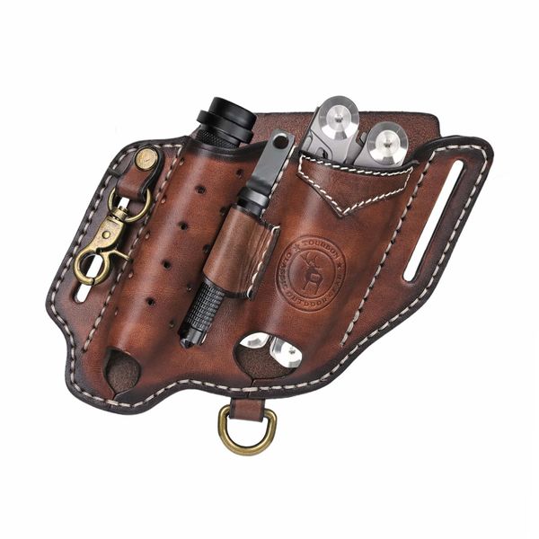 TOURBON Multitool Sheath for Belt Leather EDC Pocket Organiser with Key Holder Flashlight Holster