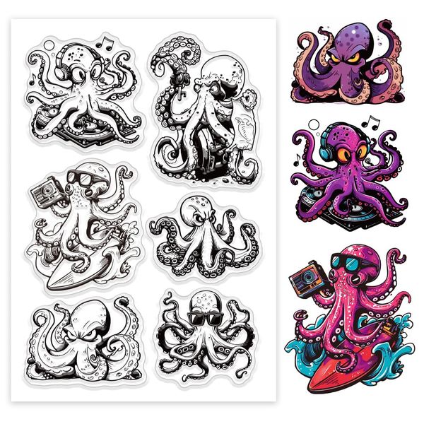 GLOBLELAND Wandelbare Oktopus Clear Stempels Schatztruhe Clear Stempels Surfen Oktopus Silikon Stempel Für DIY Scrapbooking Fotoalbum Dekorative Kartenherstellung 6.3x4.33 Zoll