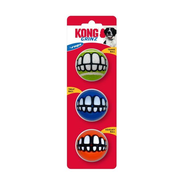 KONG Grinz by Rogz Variety Packs - Durable Bouncy Balls with Grinz Teeth (Small 3 Pack)