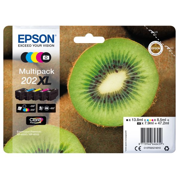 Epson 202XL Kiwi Genuine High Yield Multipack, 5-colours Ink Cartridges, Claria Premium Ink