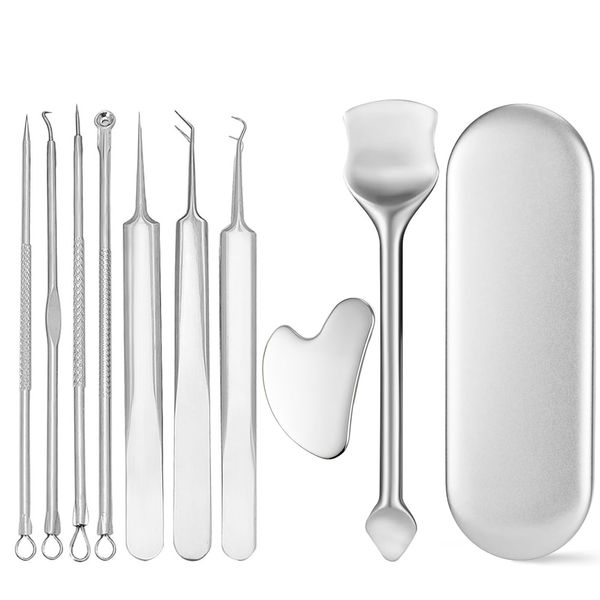 Pumwoy 9 Stück Mitesserentferner, Komedonenquetscher Set, Pickel Ausdrücken Werkzeug, Blackhead Remover Akne Mitesser Tools, Pickelentferner Komedonen-Extraktor für Nasen und Hautpflege, Gua Sha