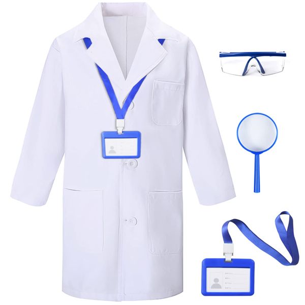 TOGROP 4Pcs Doctor Scientist Lab Costume for Kids Role Play Thick White Coat Birthday Party Gift 10-12 Years