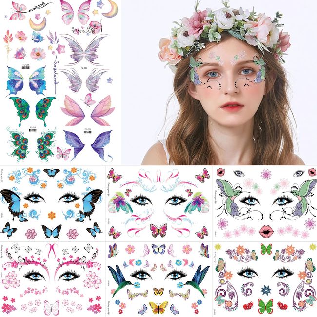 11 Sheets Glitter Butterfly Face Tattoos Sticker Flowers Wings Freckle Sticker for Women Girls Eye Face Makeup Butterflies Fake Tattoos Waterproof Sticker for Festival Dancer Costume Party Decoration