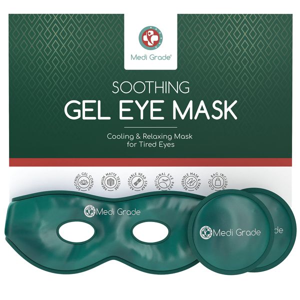 Medi Grade Cooling Eye Mask - Reusable Gel Eye Mask with 2 x Cooling Eye Pads and Cooling Storage Bag - Enjoy Relaxation at Home or On the Go with our Reversible Eye Compress with Adjustable Straps