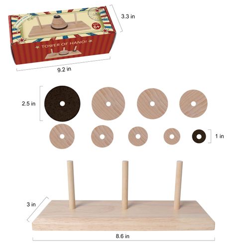 Gothink Wooden Nine-Storey Tower of Hanoi Logic Puzzle Brain Teaser Intellectual Toy for Kids and Adults